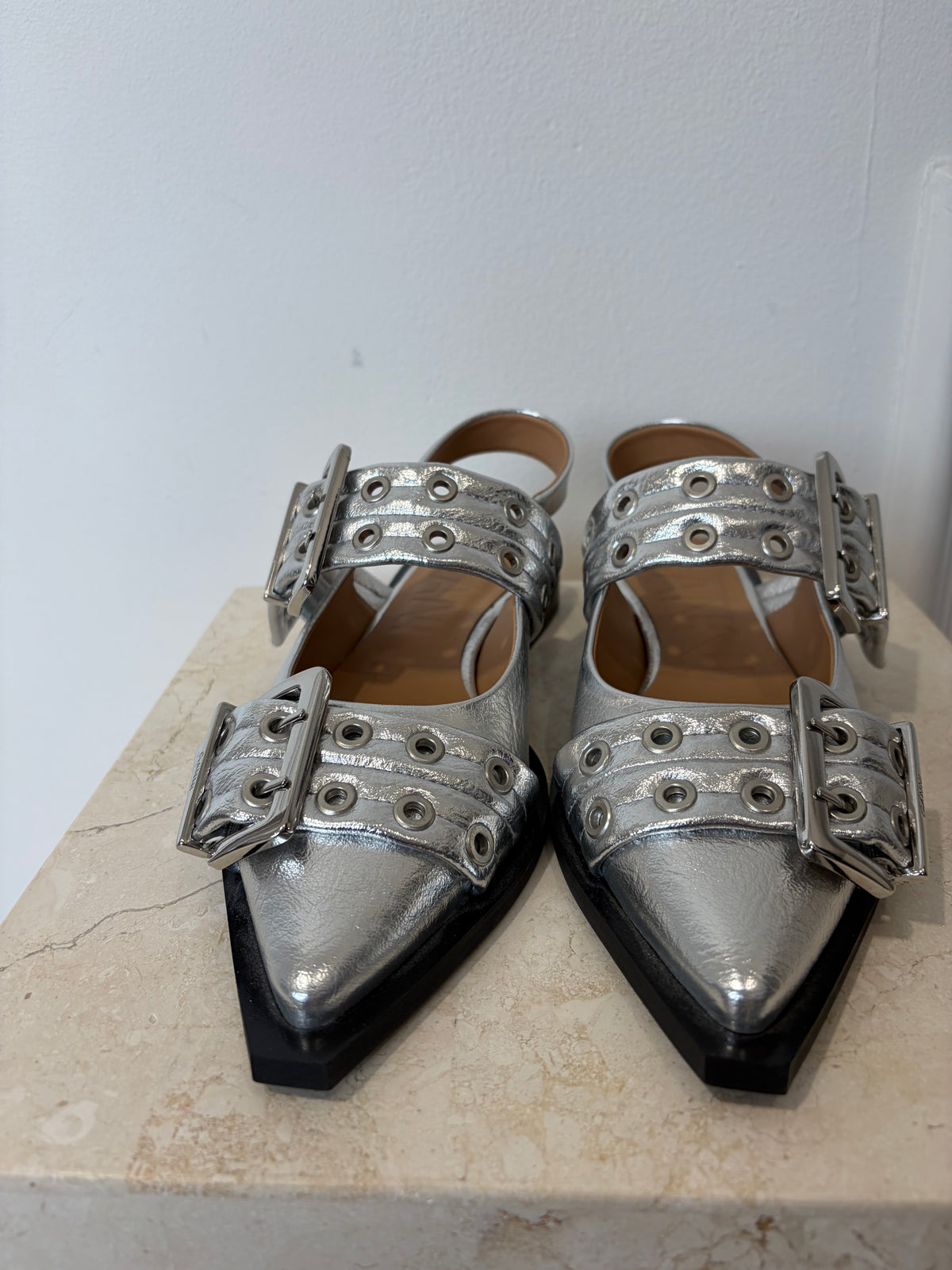 Ganni Silver Leather Pointed Buckle Flats, 37
