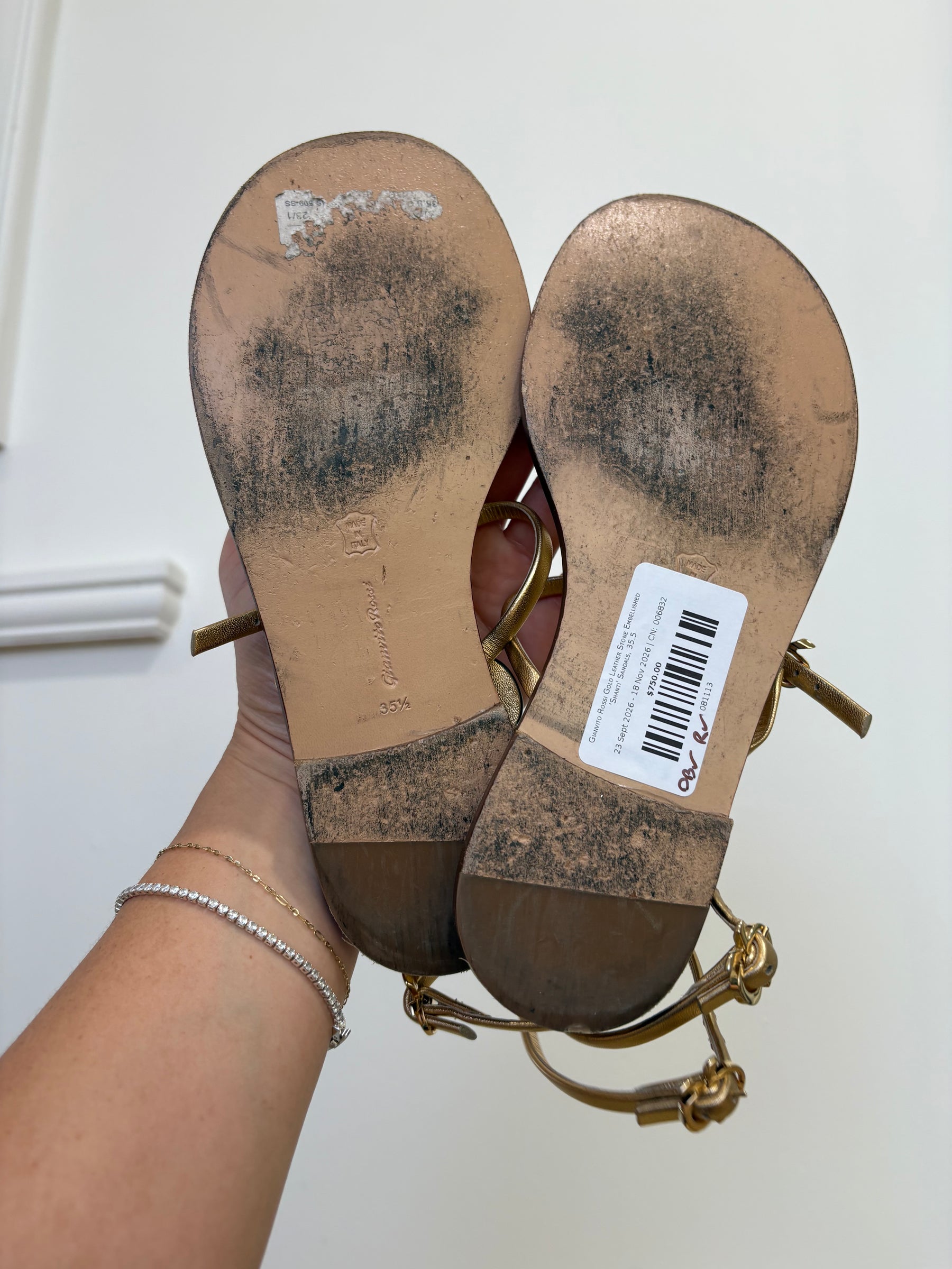Gianvito Rossi Gold Leather Stone Embellished 'Shanti' Sandals, 35.5