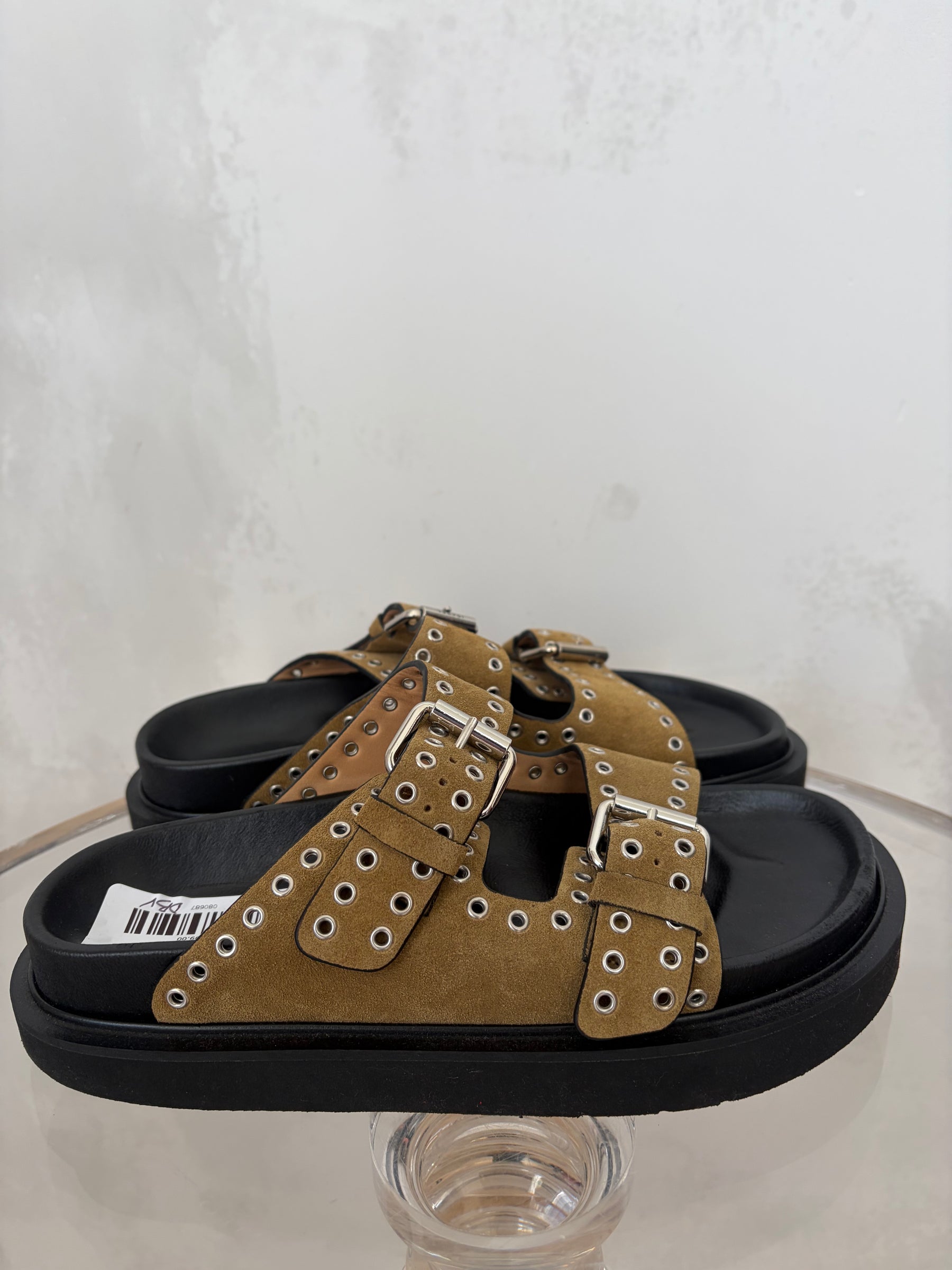 Isabel Marant Lennya Suede Double Strap Eyelet Slides  Khaki, 37