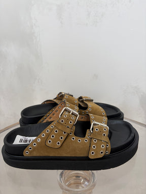 Isabel Marant Lennya Suede Double Strap Eyelet Slides  Khaki, 37