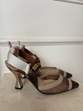 Fendi Brown FF Mesh Colibri Slingback Heels, 38