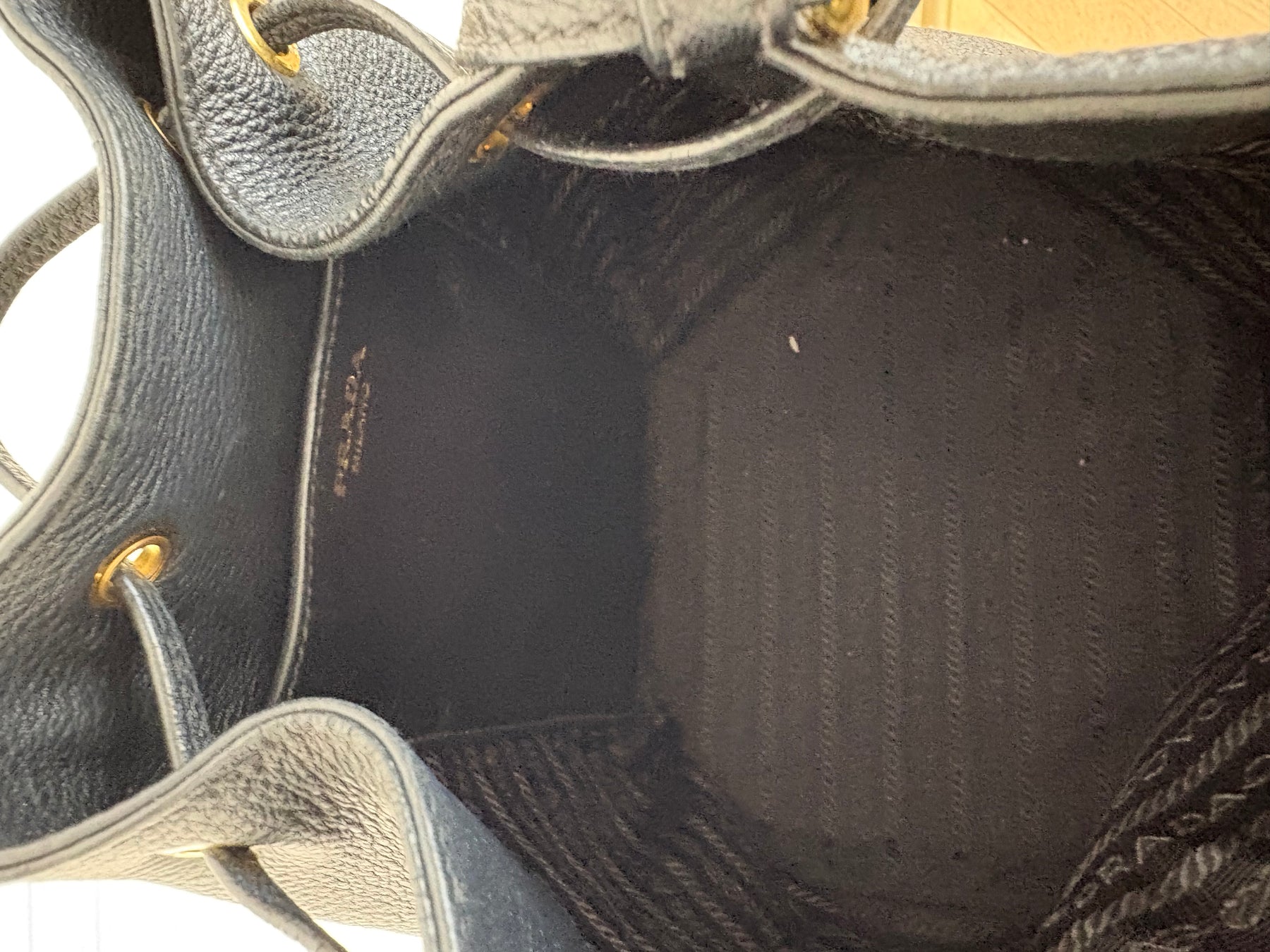 Prada Black Grained Leather Logo Bucket Bag