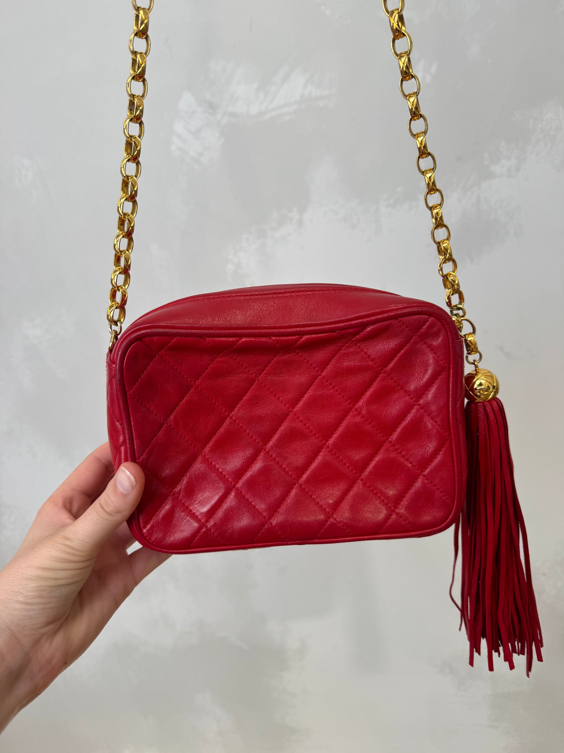 Chanel Red Leather Turn Lock Logo Tassel Camera Bag