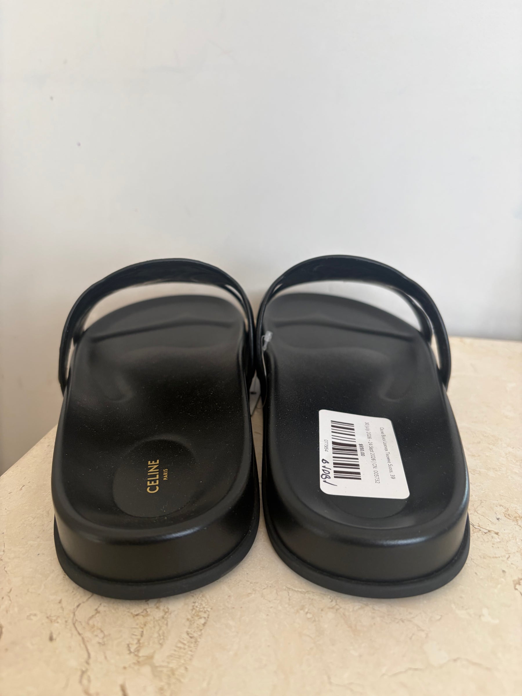 Celine Black Leather Triomphe Slides, 39