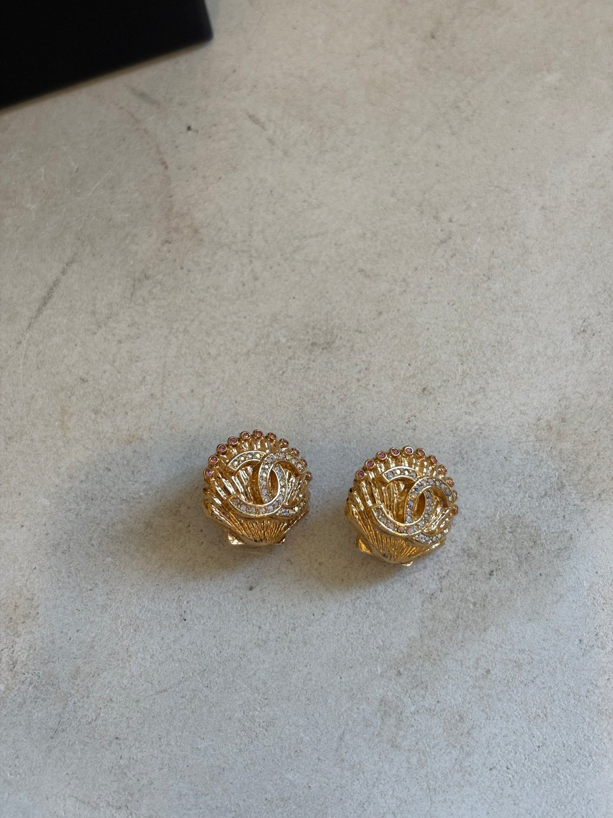 Chanel Gold Tone Pink and Blue Crystal Shell Clip On Earrings