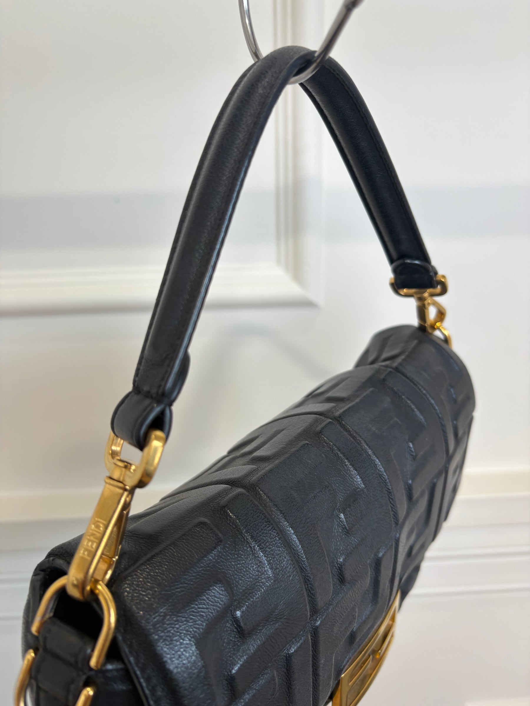 Fendi Black Leather Debossed Monogram Baguette Bag