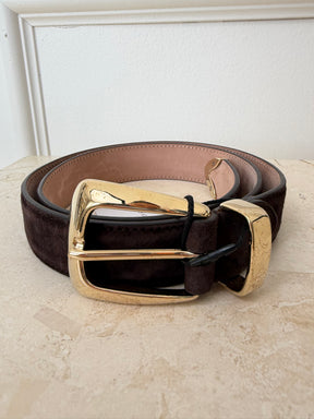 Khaite Brown Suede Belt with Gold Hardware, 80