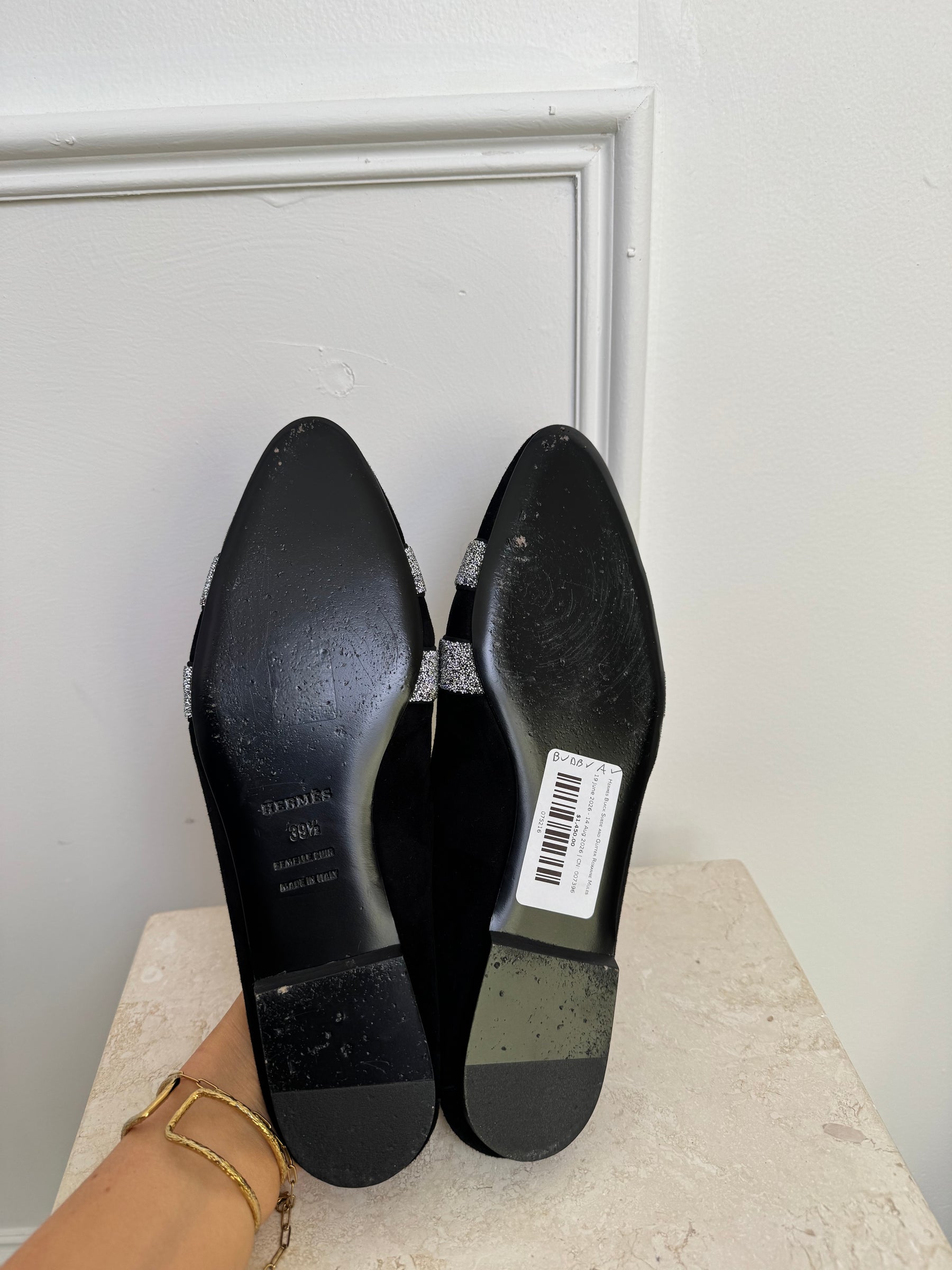 Hermès Black Suede and Glitter Roxanne Mules