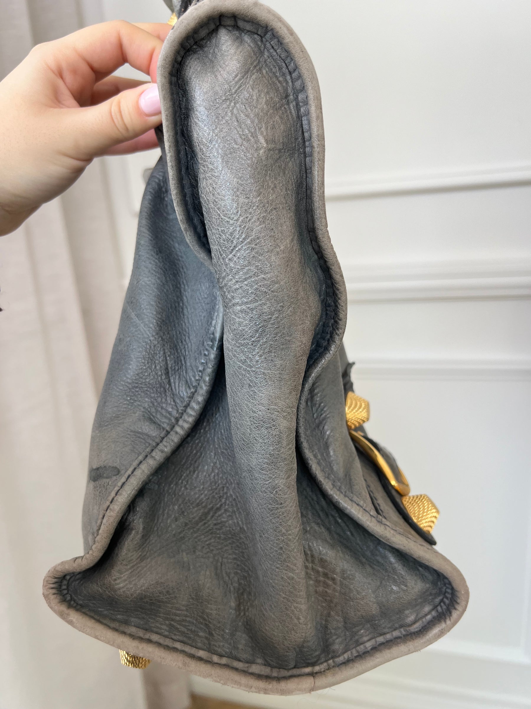 Balenciaga Grey Distressed City Bag Gold Tone Hardware