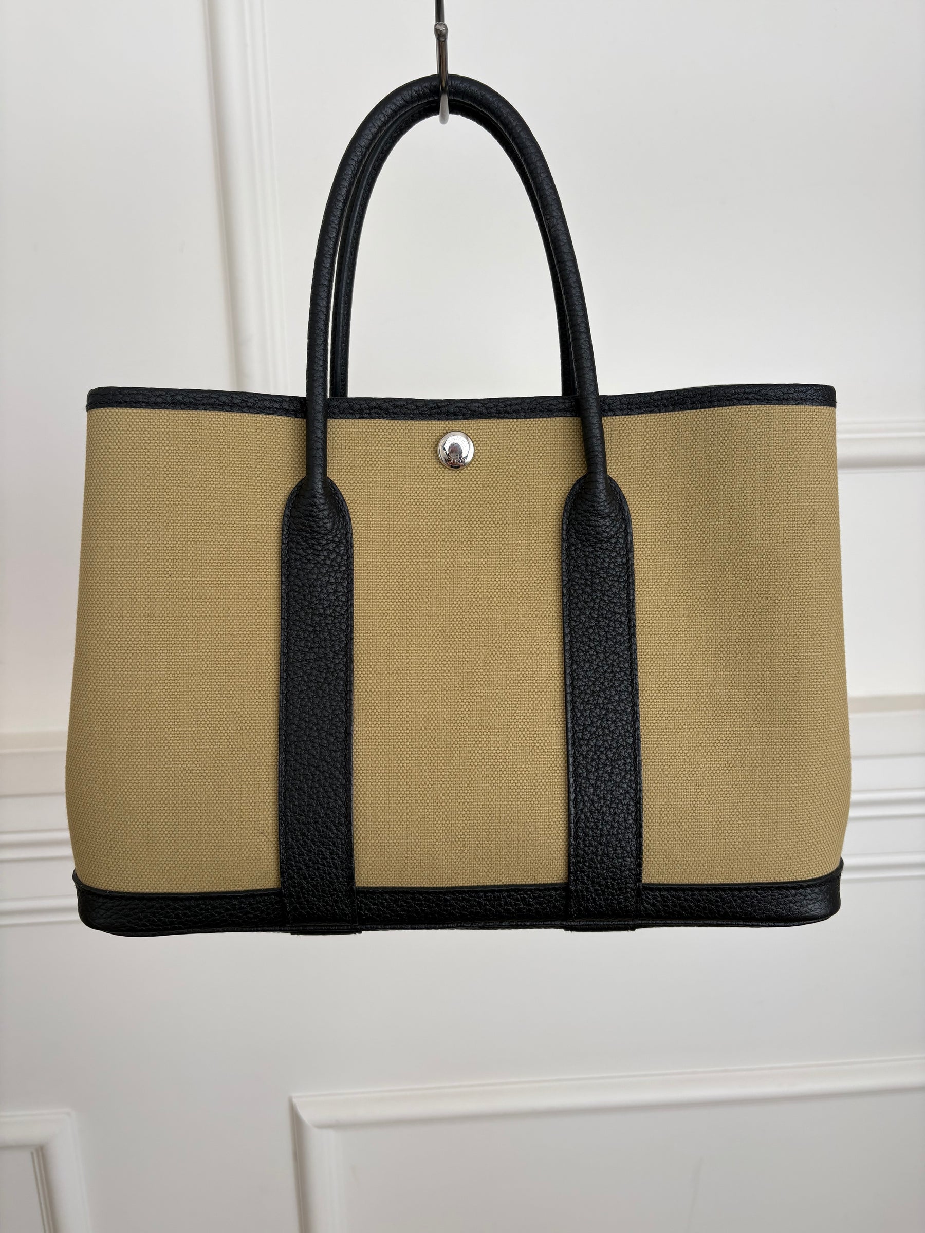 Hermès Garden Party 30 in 'Poussiere' Canvas and Noir Leather