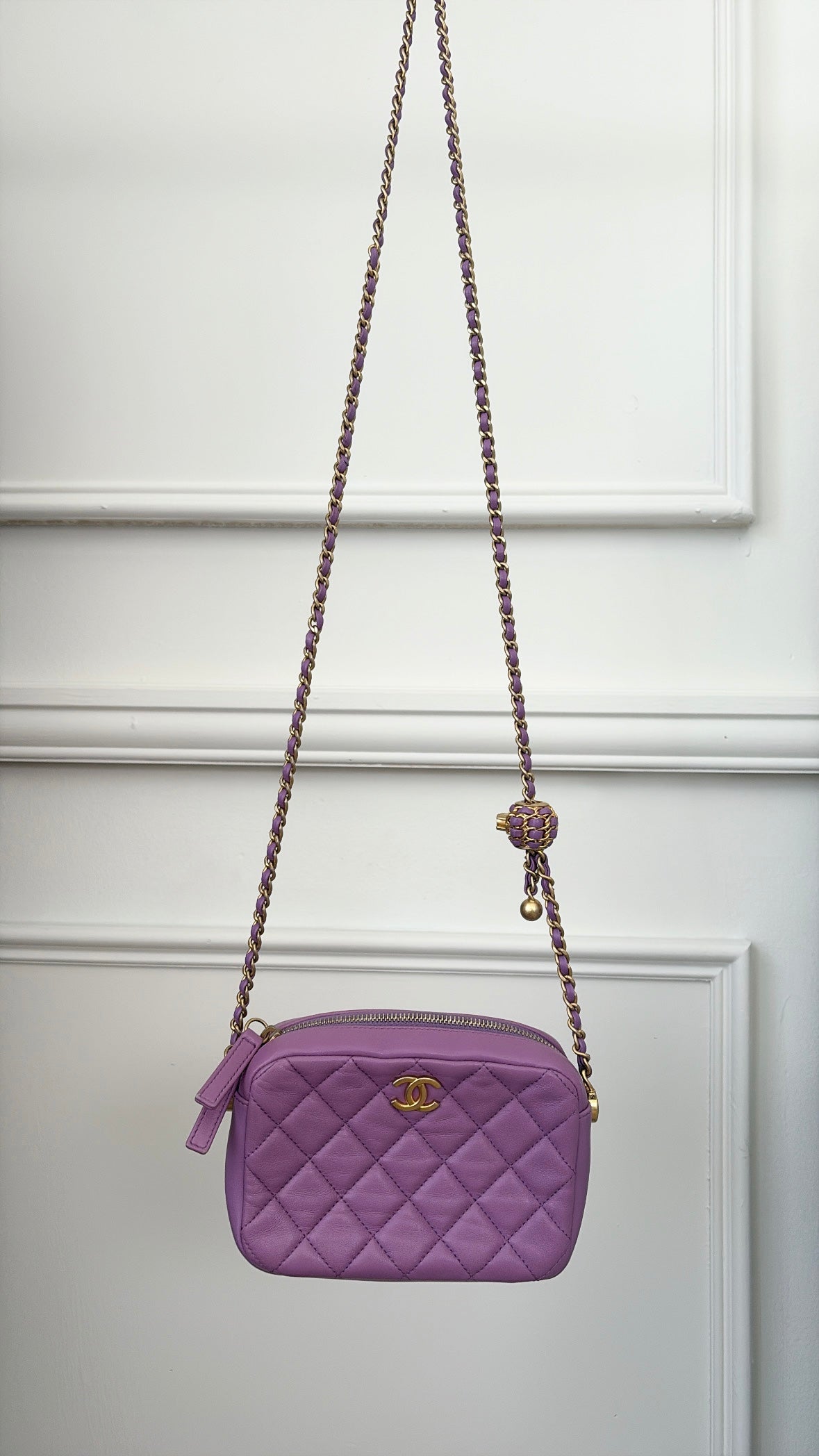 chanel Small Camera Bag Adjustable Ball Chain Strap In Purple