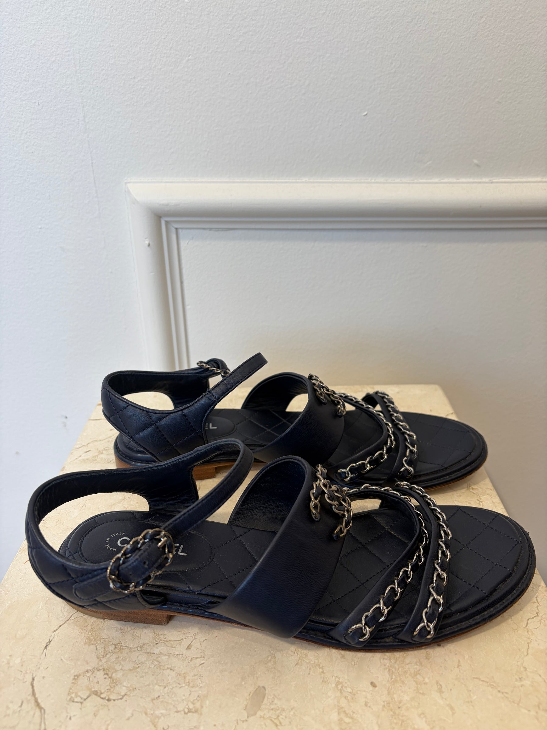Chanel Navy Leather Silver Chain Logo Sandals, 39 C