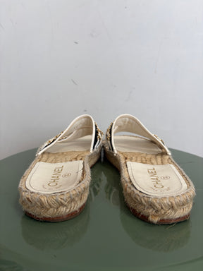 Chanel Black and White Leather Chain Espadrille Slides, 39 C