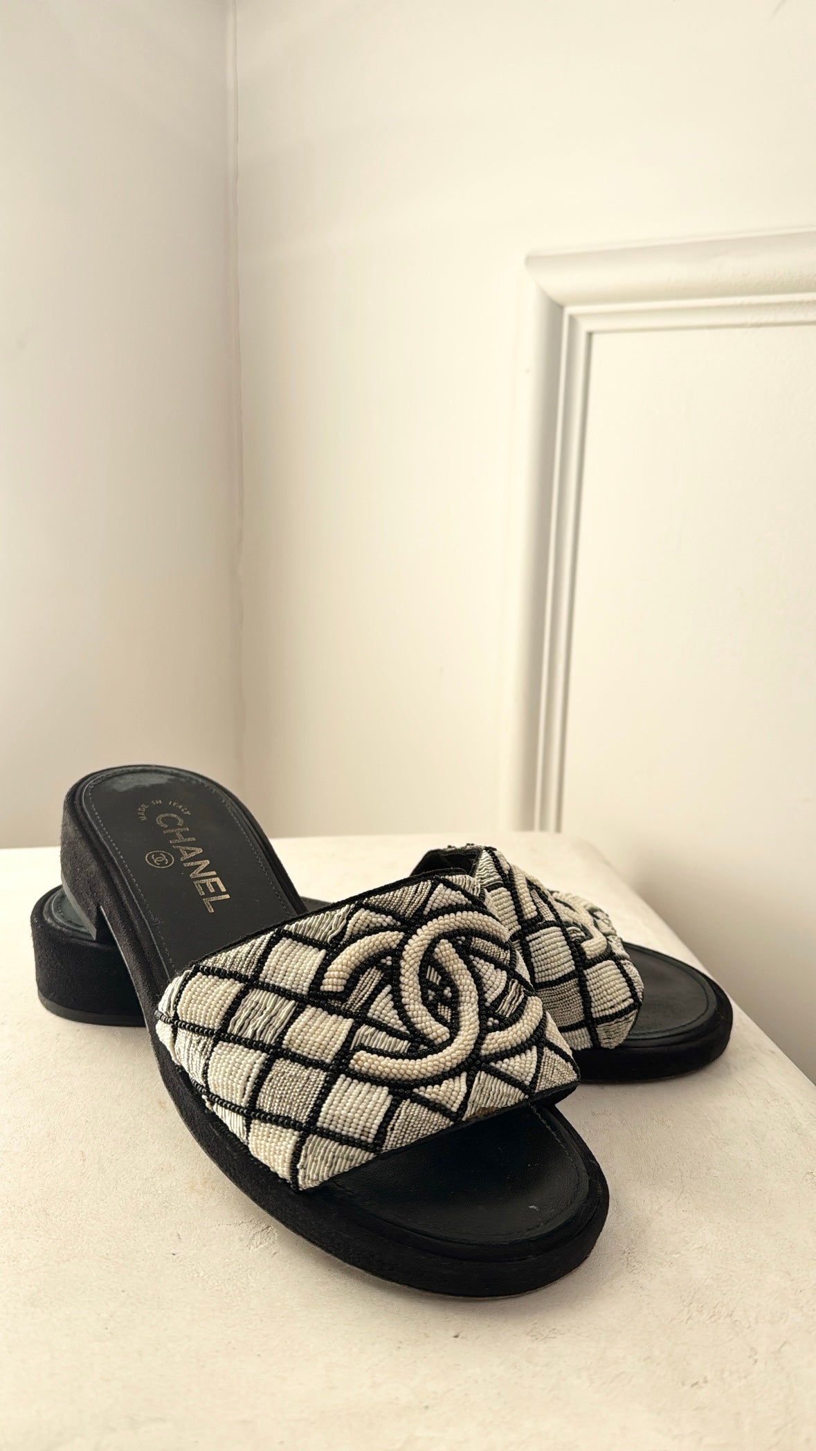 Chanel Black and White Beaded Logo Heeled Mules, 38C