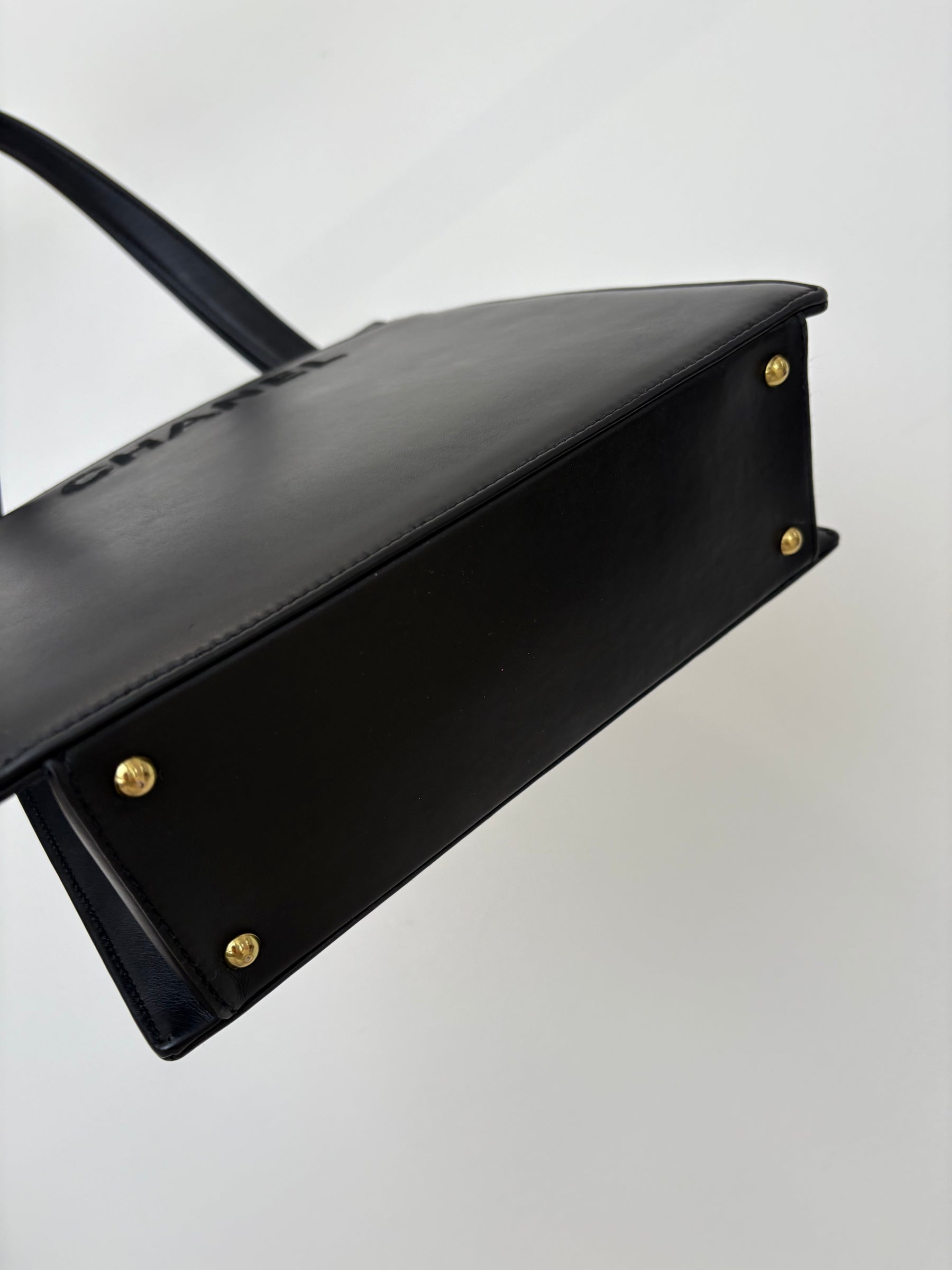 Chanel Black Leather Logo Top Handle Shoulder Bag