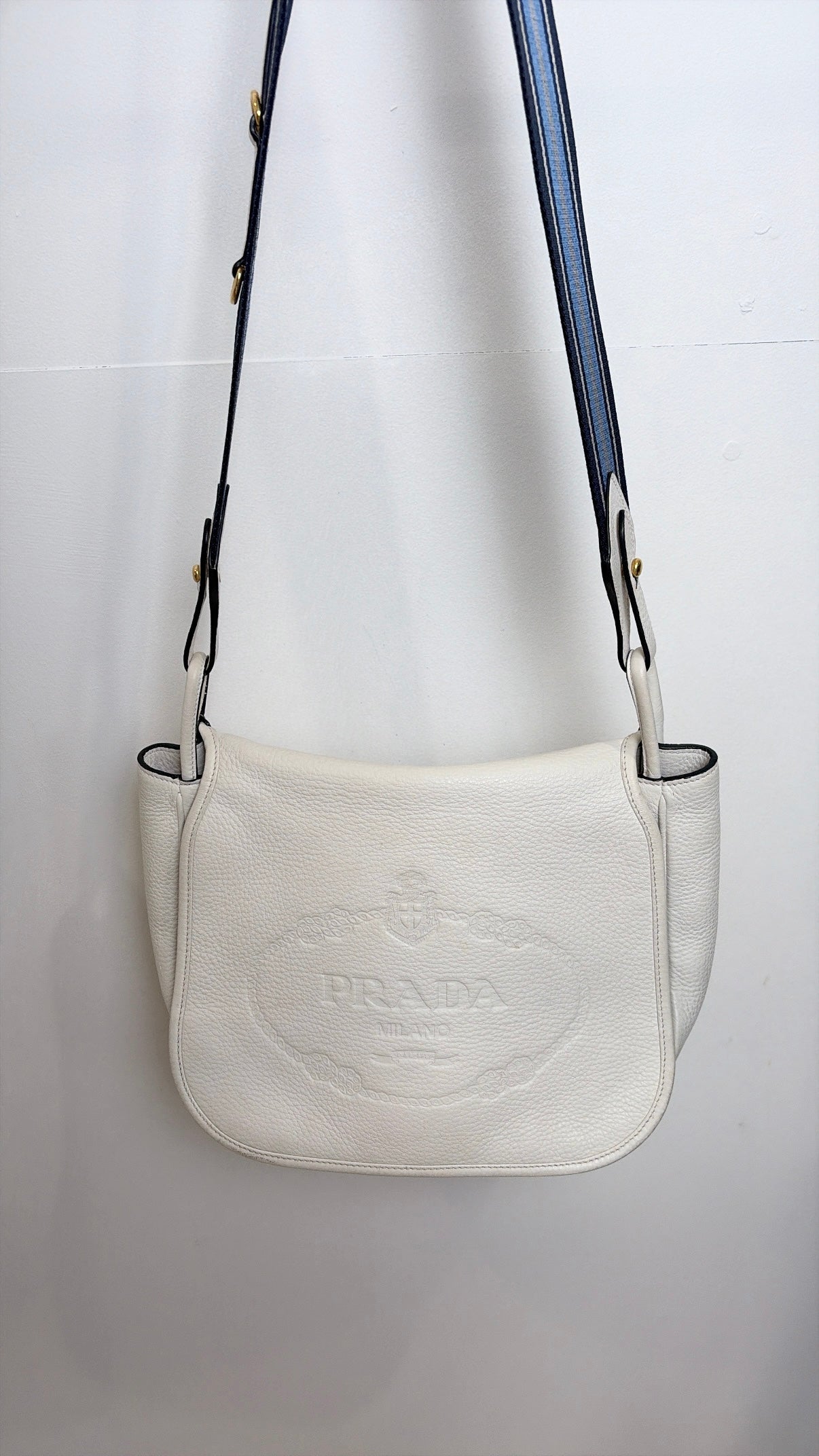Prada White Grained Leather Crossbody bag with Blue Web Shoulder Strap