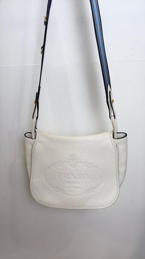 Prada White Grained Leather Crossbody bag with Blue Web Shoulder Strap