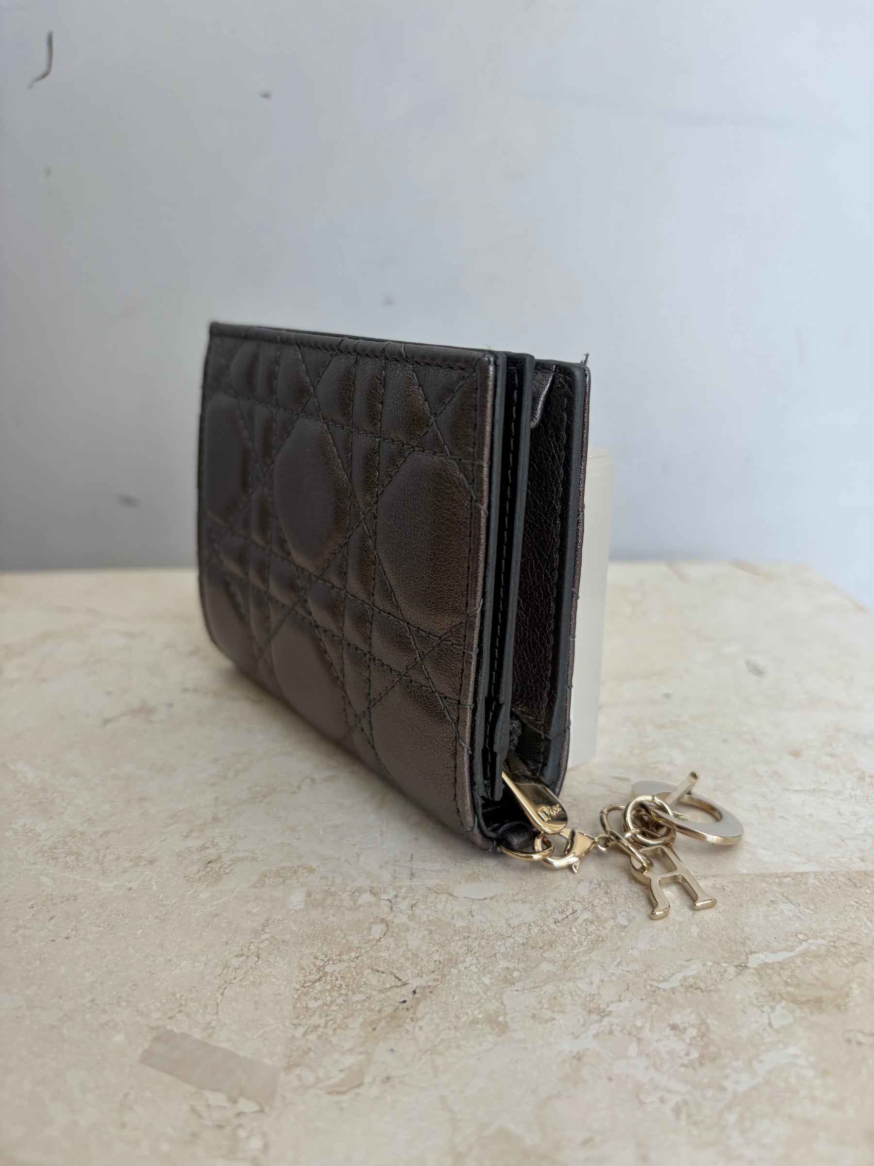 Dior Pewter Cannage Leather Mini Flap Wallet