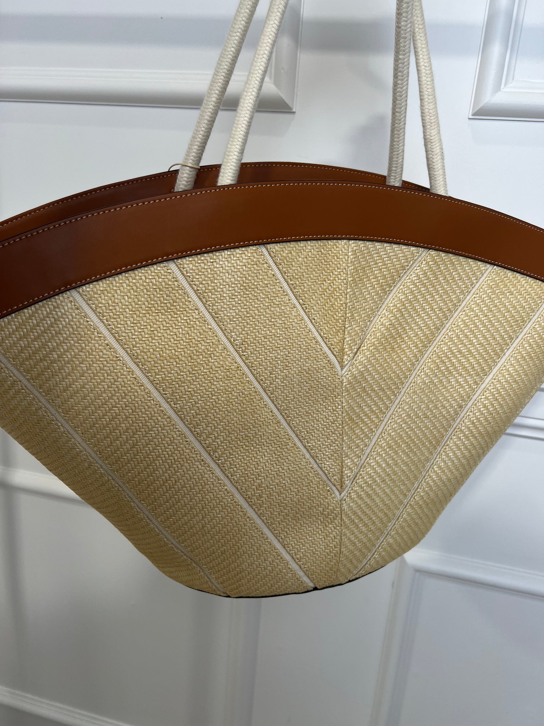 Oroton Straw Chevron Leather Trimmed Tote Bag