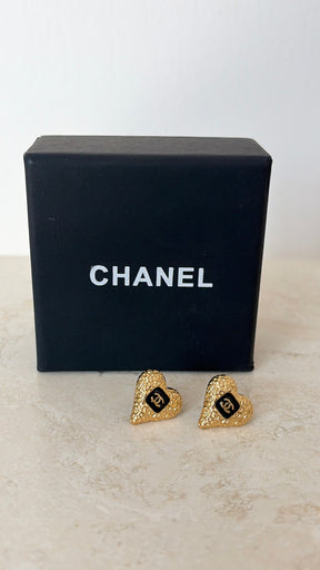 Chanel Gold Tone Heart Logo Studs
