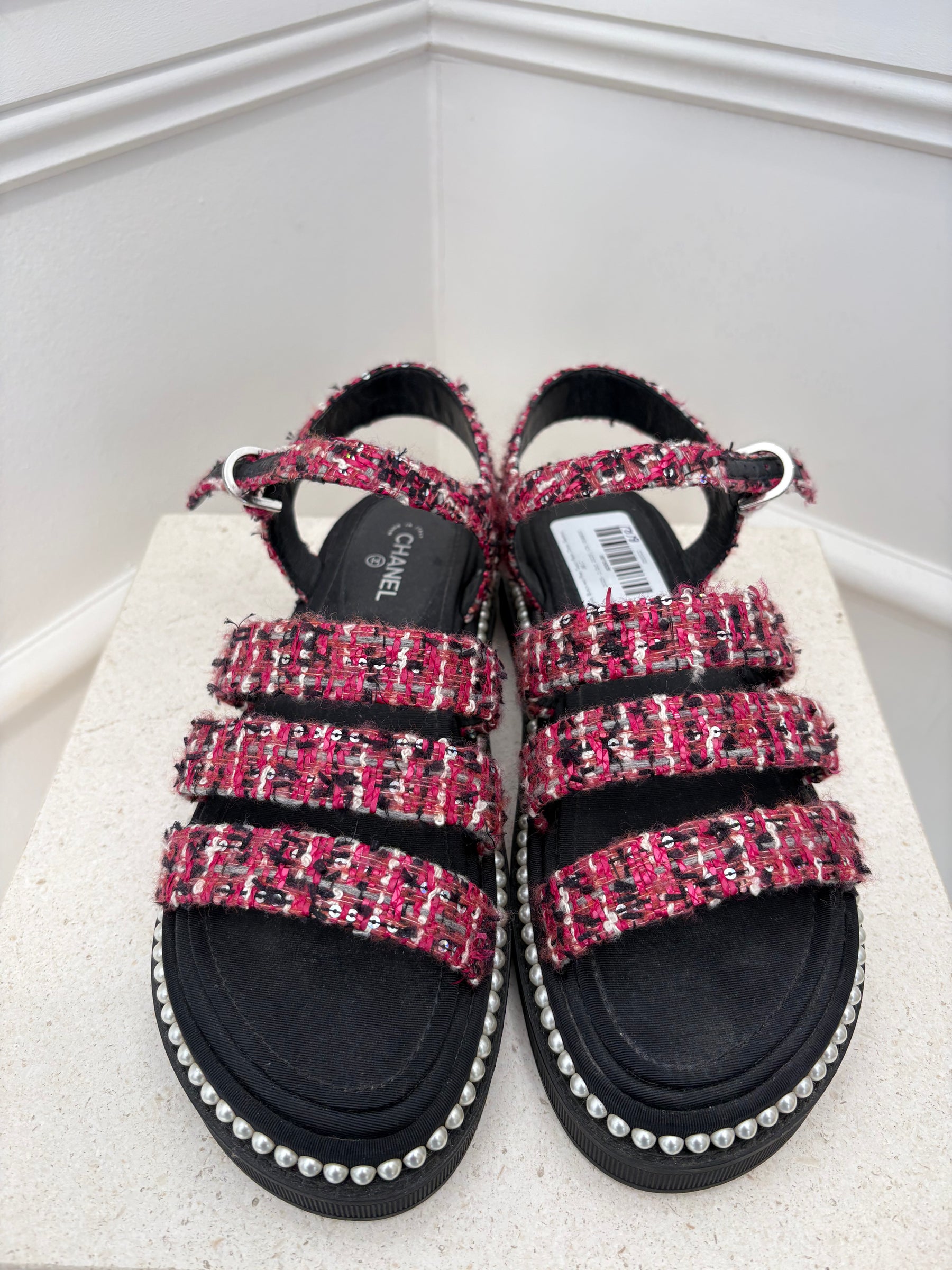 Chanel Black and Pink Tweed Pearl Detail Sandals, 38 C