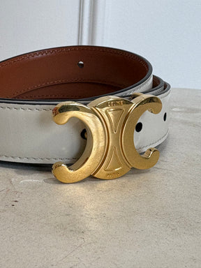 Celine Tan and White Reversible Leather Triomphe Belt, 80