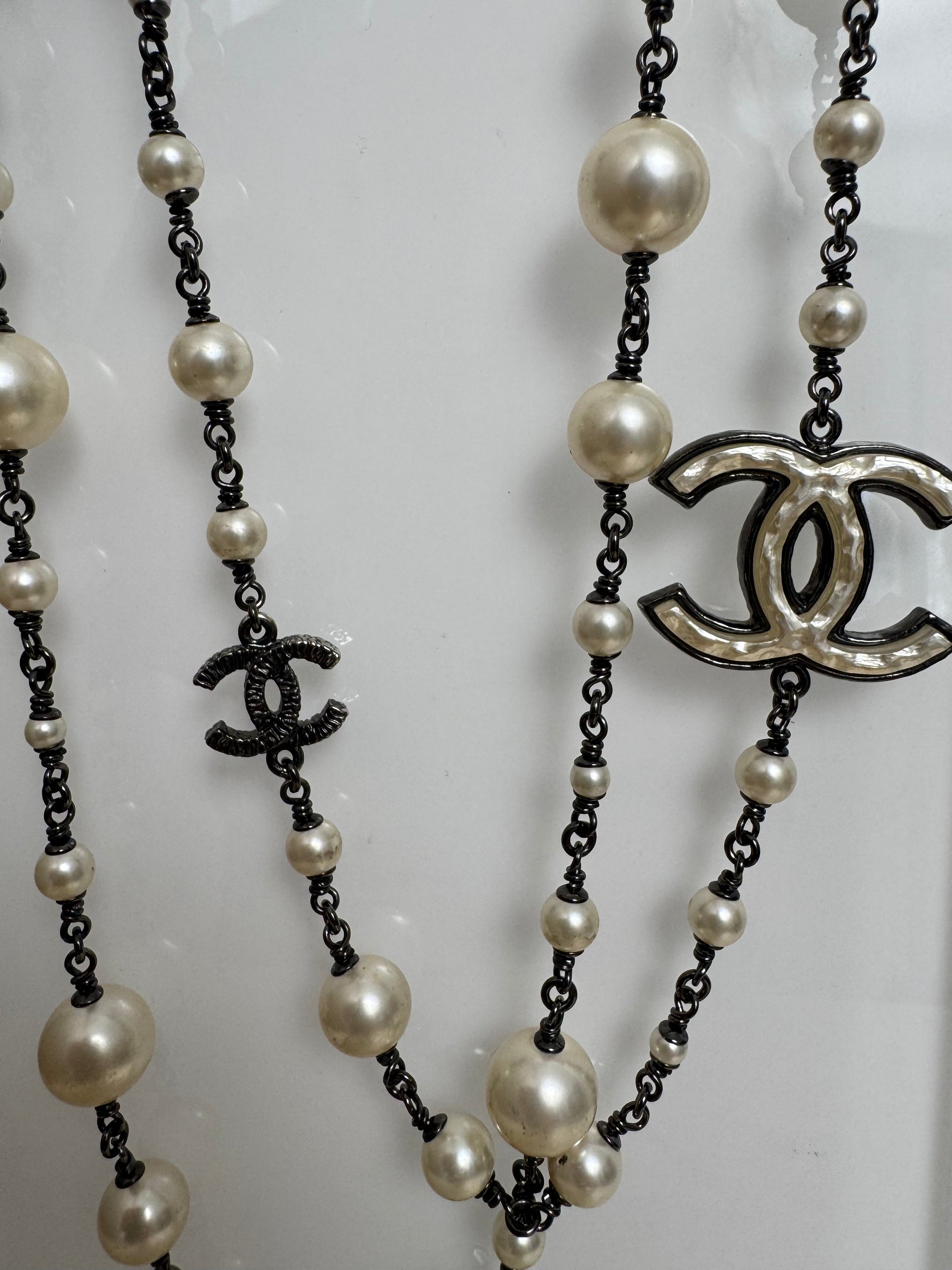 Chanel Pearl and Ruthenium Logo Necklace