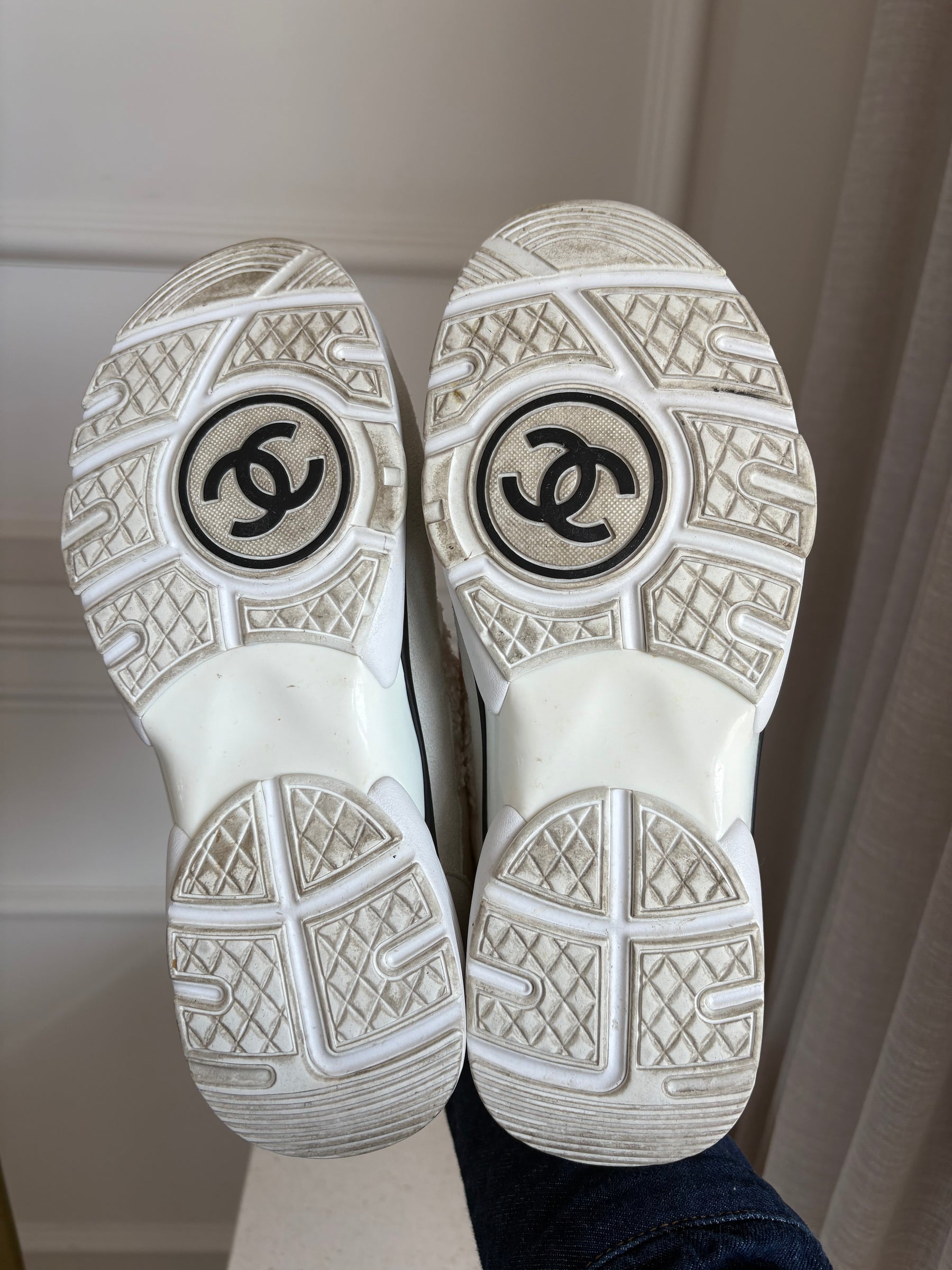 Chanel White Suede and Tweed Logo Sneakers, 38.5
