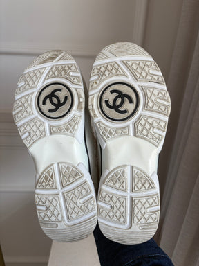 Chanel White Suede and Tweed Logo Sneakers, 38.5