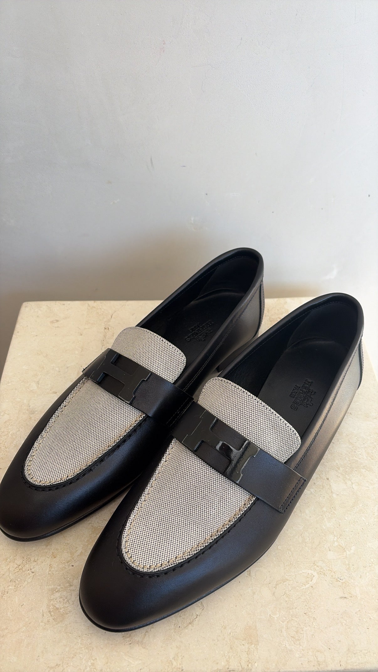 Hermès Calfskin And Canvas Paris Loafers Black Grey, 38