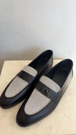 Hermès Calfskin And Canvas Paris Loafers Black Grey, 38