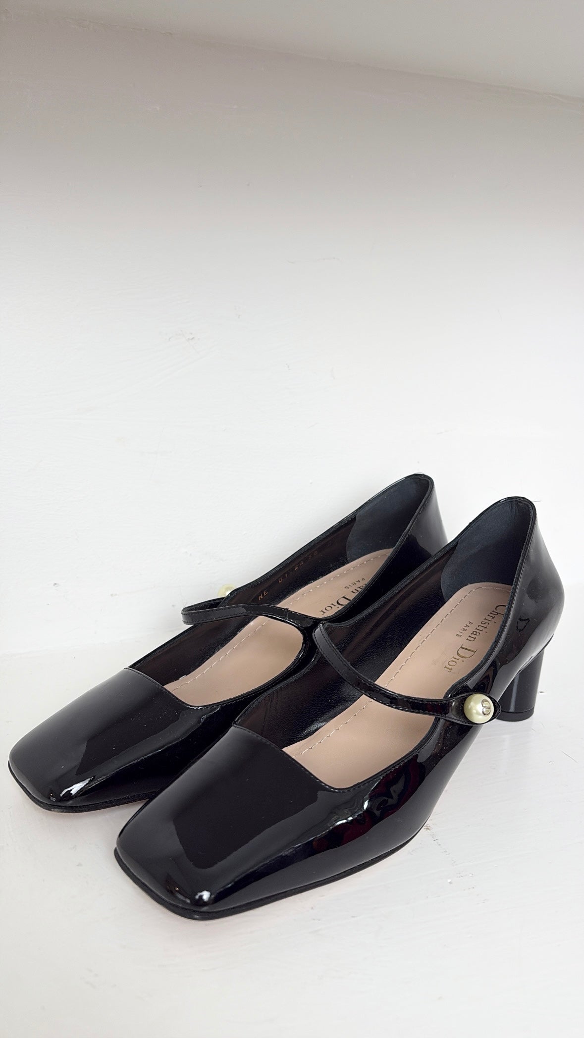 Dior Black Patent Leather Pearl Mary Jane's, 38
