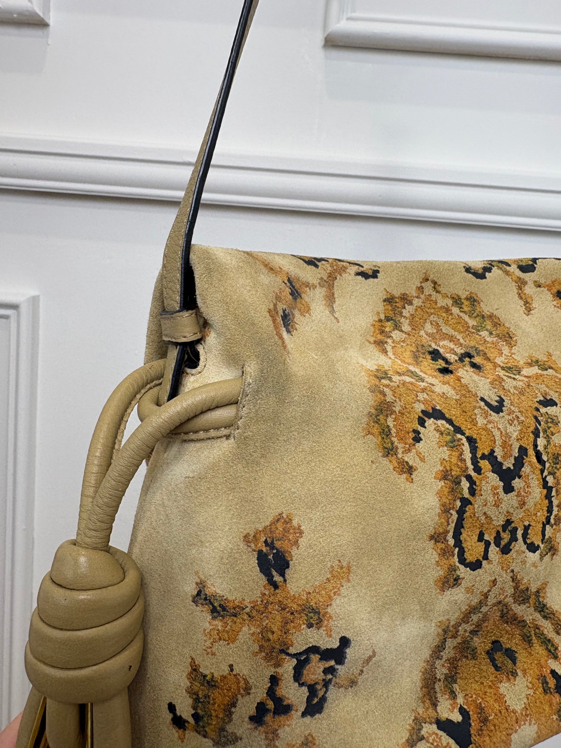 Loewe Tapestry Print Suede Fringed Flamenco Bag