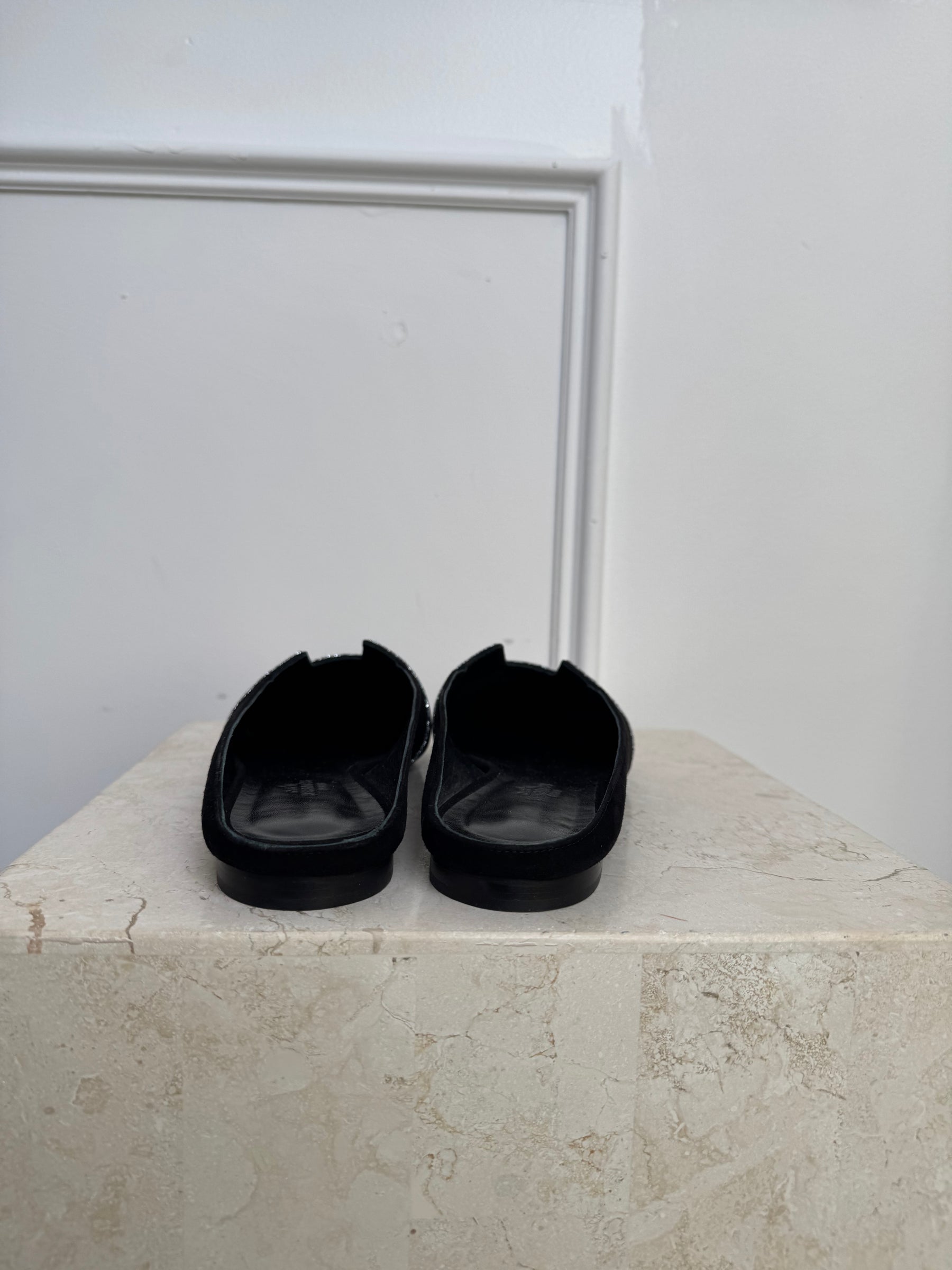 Hermès Black Suede and Glitter Roxanne Mules