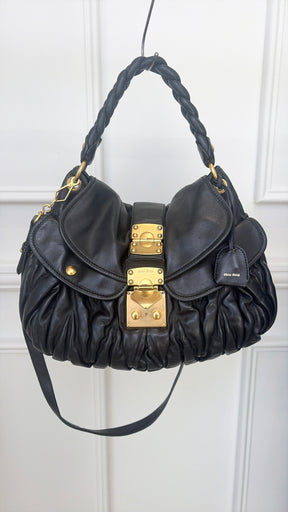 Miu Miu Black Leather Matelasse Coffer Hobo Bag