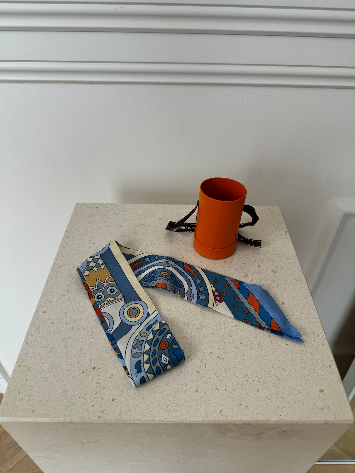 Hermès Blue Cream and Orange Bird Printed Silk Twilly