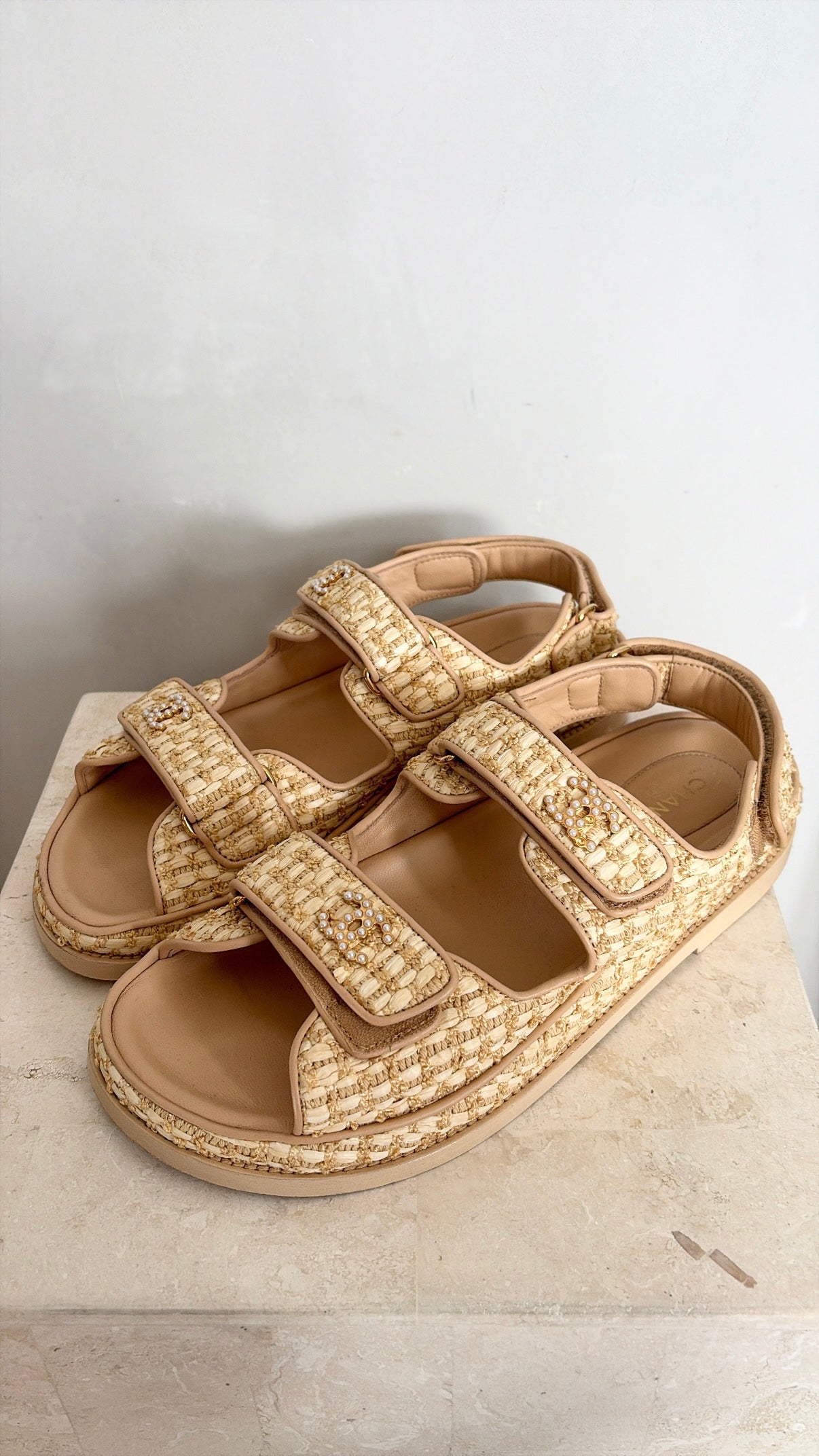 Chanel Raffia Dad Sandals with Pearl Logo, 40 C