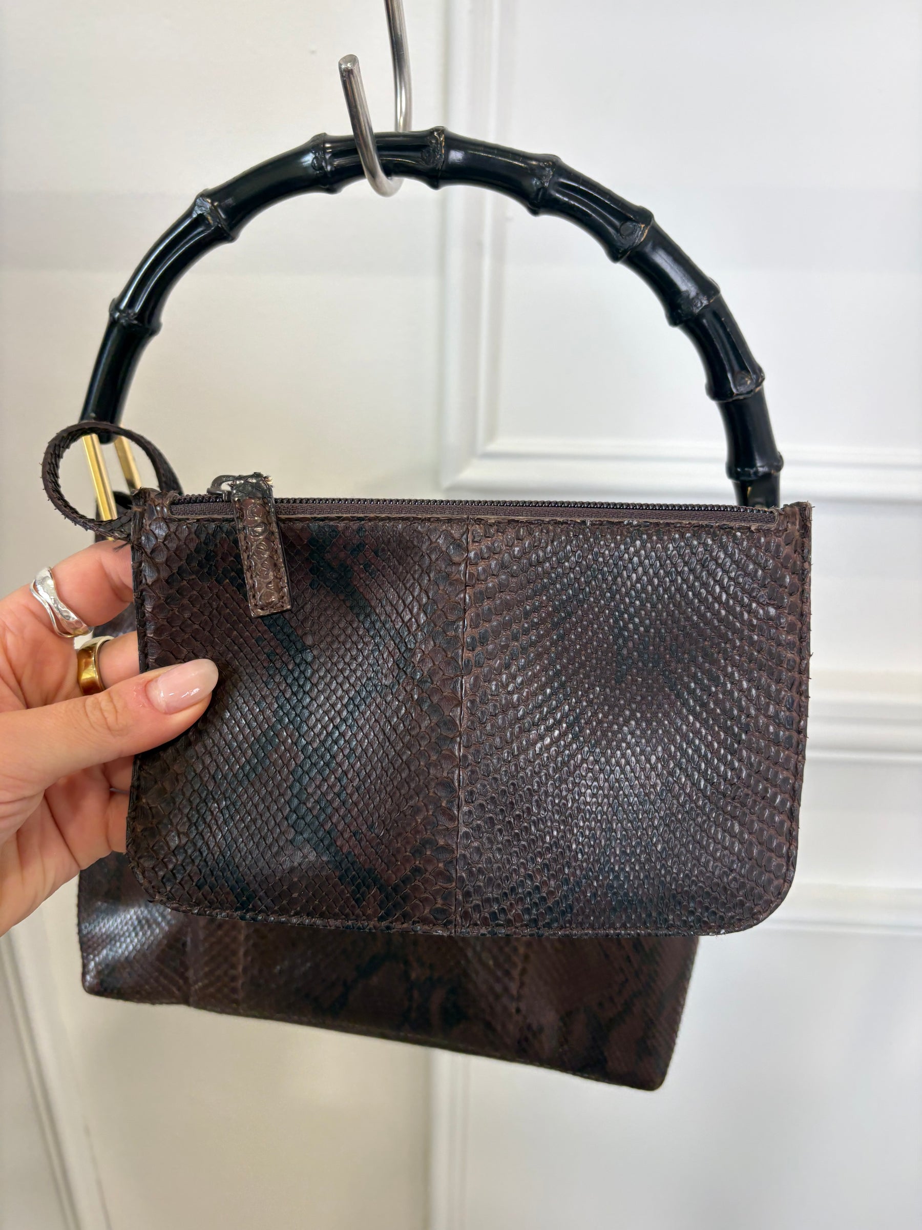 Gucci Snake Skin Shoulder Bag And Pouch Bamboo Handle