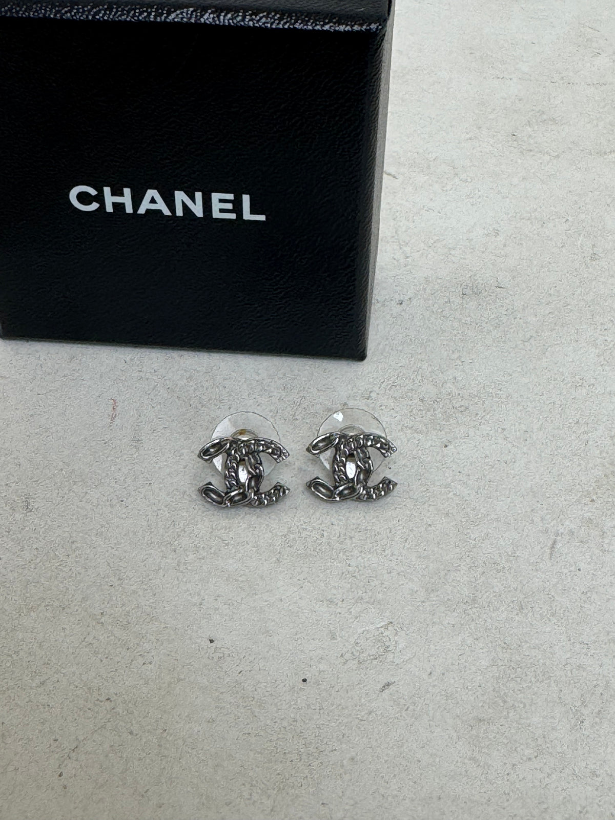 Chanel Ruthenium CC Logo Stud Earrings