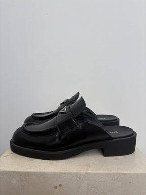 Prada Black Leather Backless Loafer, 41