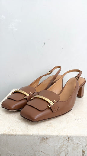 Tod's Tan Leather Gold Buckle Slingbacks, 38.5