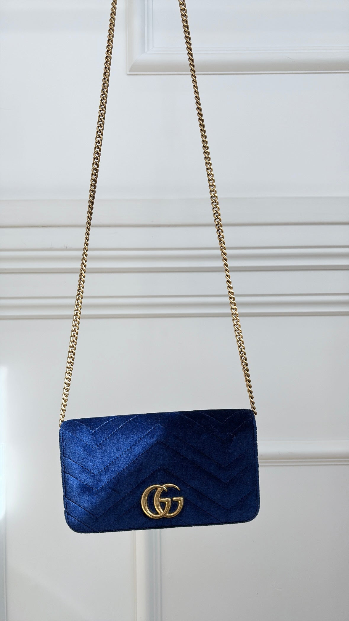 Gucci Blue Velvet Marmont Super Mini Chain Crossbody Bag