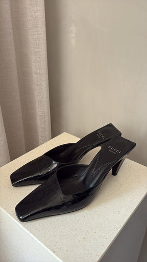 Gucci Black Croc Embossed Mules, 38