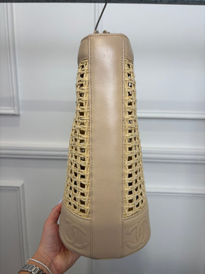 Chanel Beige Leather Raffia Logo Tote Bag