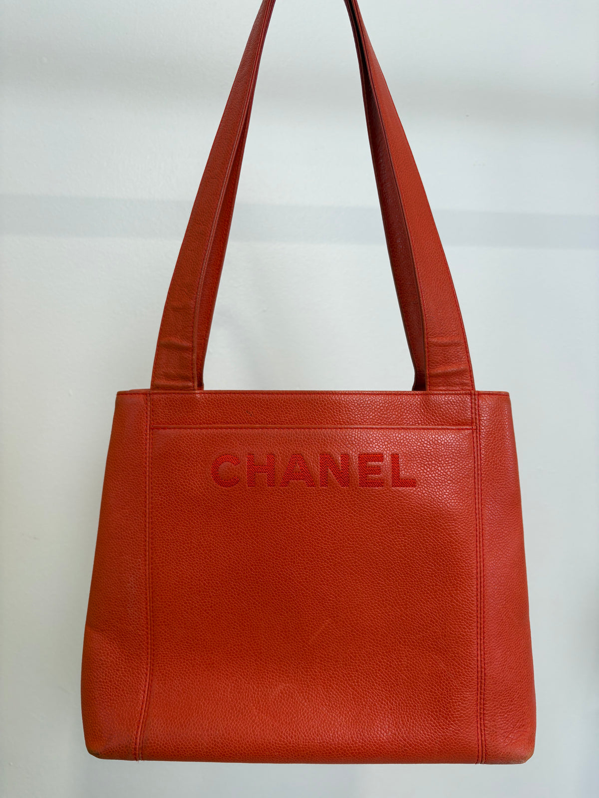 Chanel Orange Caviar Leather Logo Shopper Tote