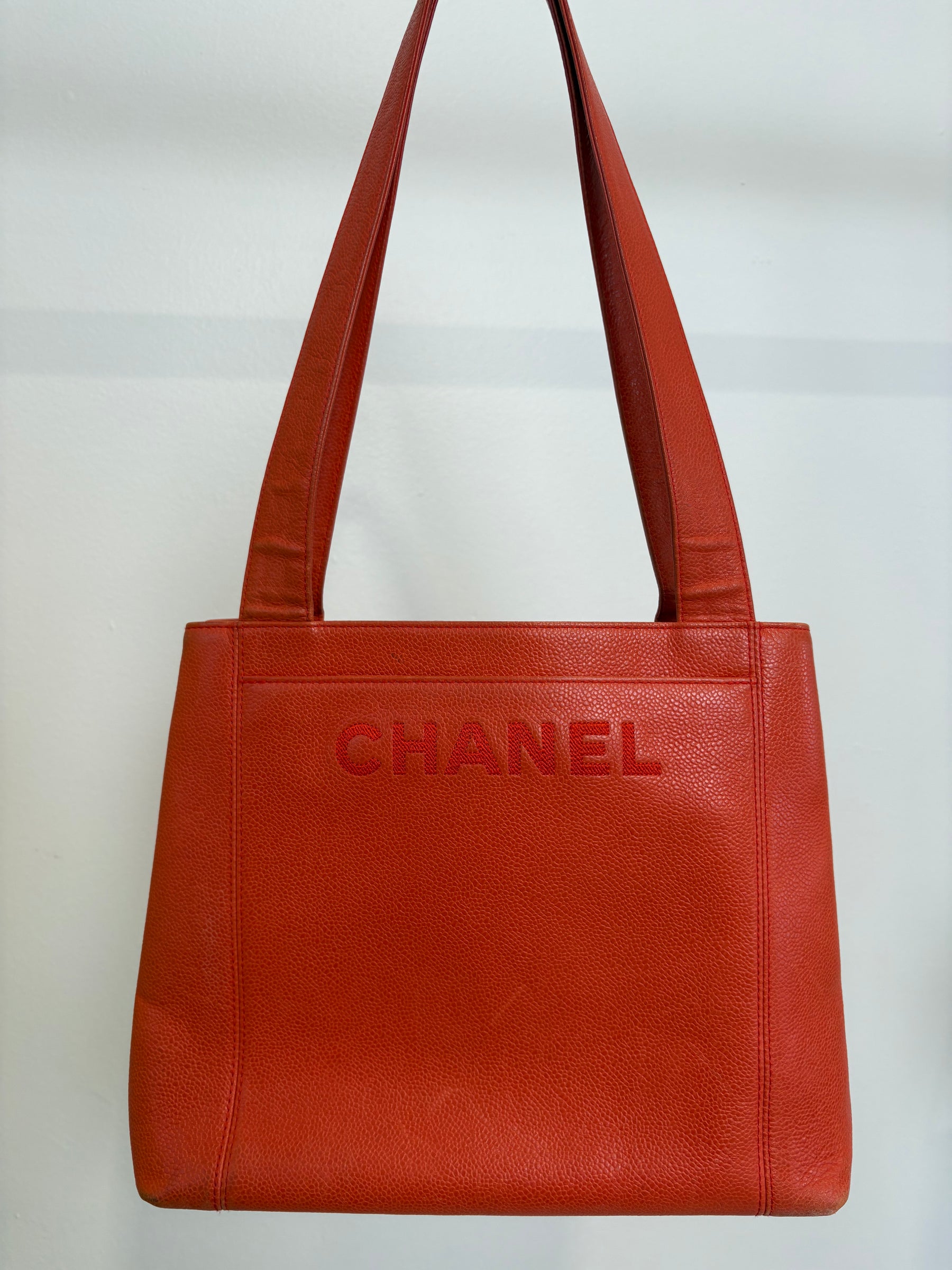 Chanel Orange Caviar Leather Logo Shopper Tote
