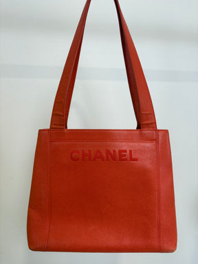 Chanel Orange Caviar Leather Logo Shopper Tote