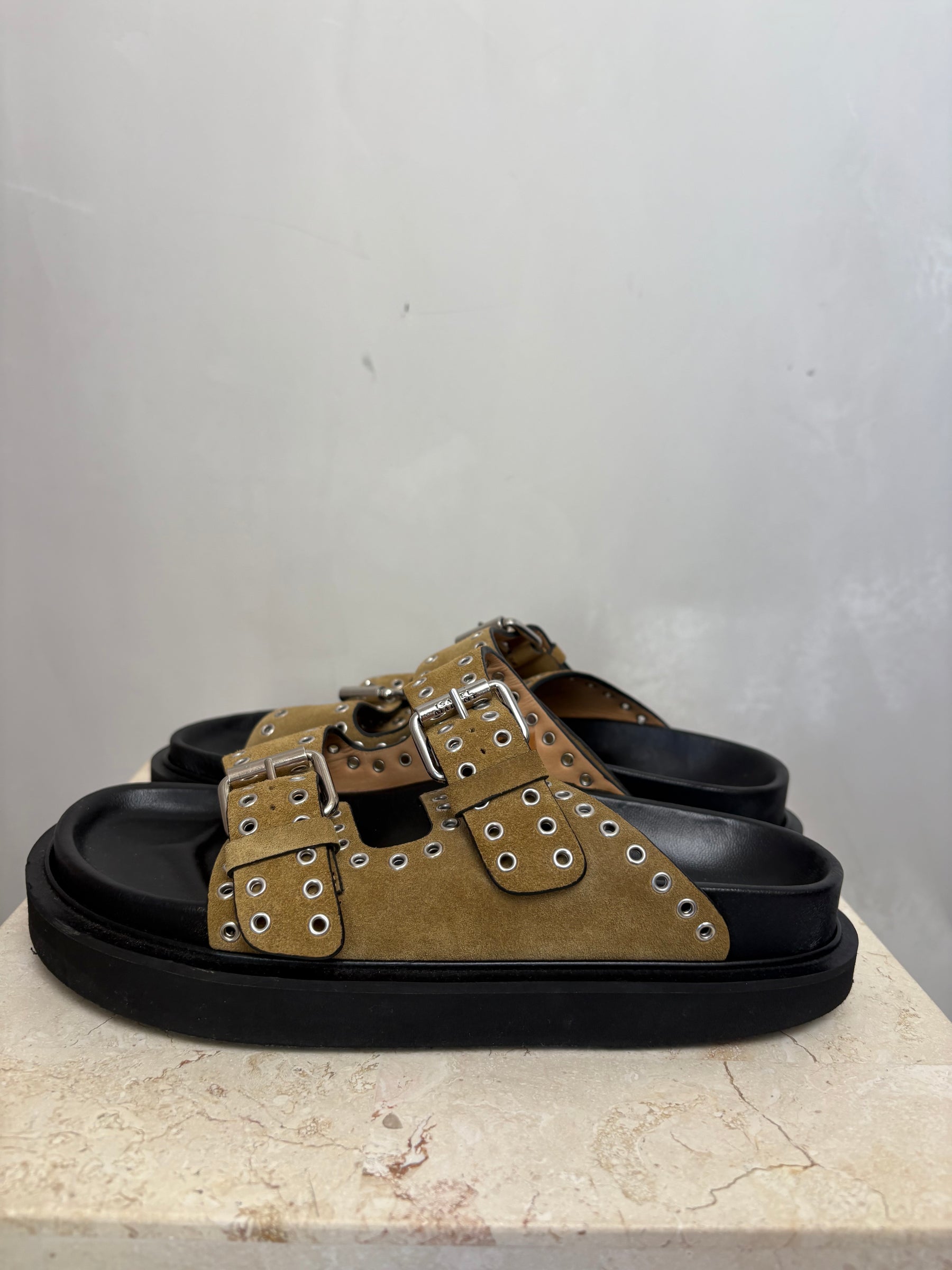 Isabel Marant Khaki Eyelet Slides, 37