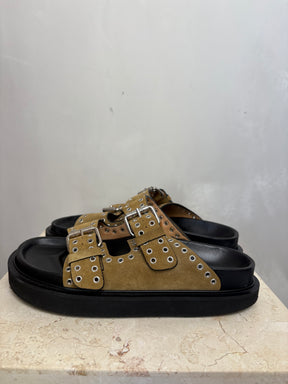 Isabel Marant Khaki Eyelet Slides, 37
