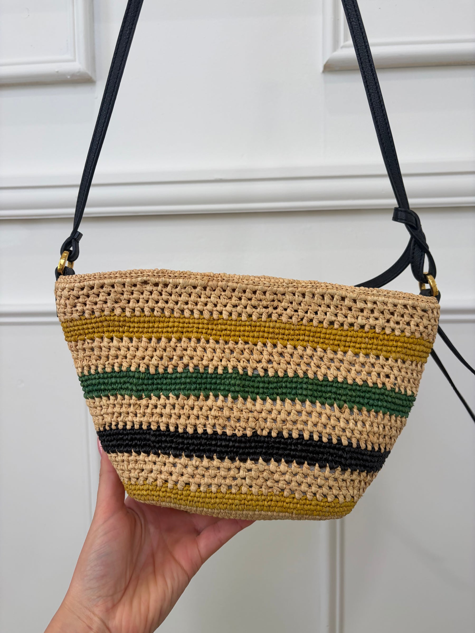 Loewe Natural Green Yellow and Black Leather Raffia Crossbody Pouch